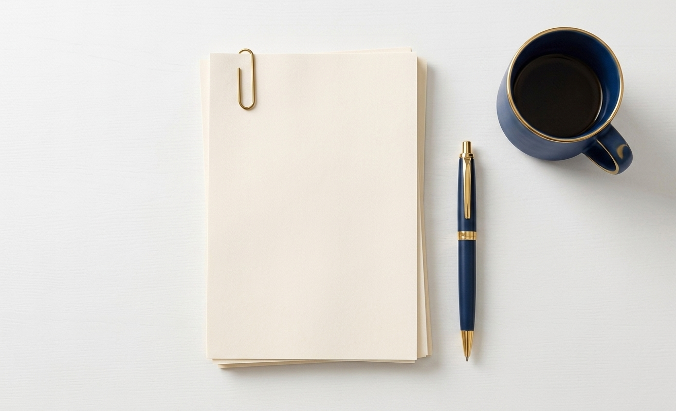 A clean, top-down flat-lay shot coffee and notes